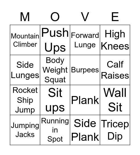 Movement Bingo Card