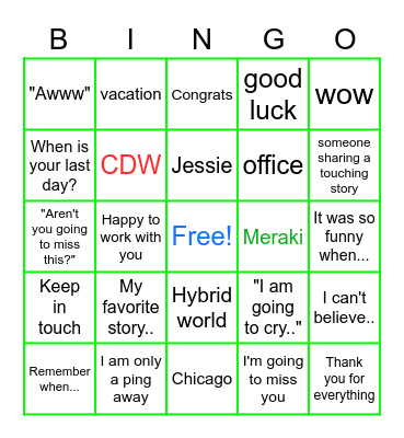 Jessie's Farewell Party Bingo Card