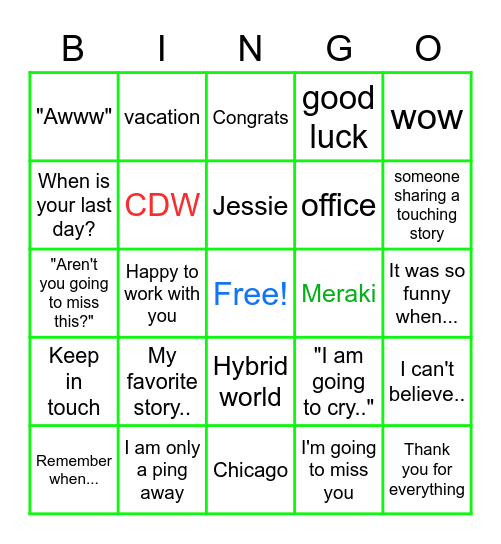 Jessie's Farewell Party Bingo Card