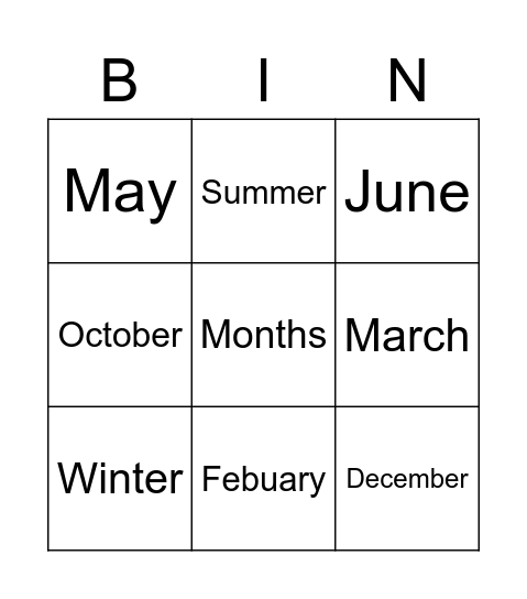 Months of the year Bingo Card