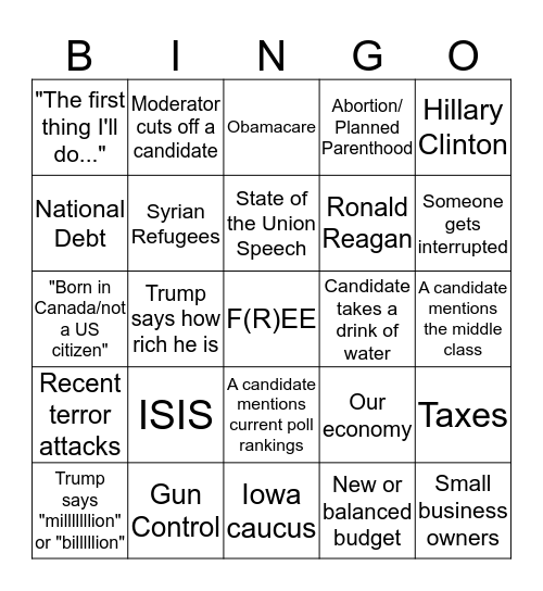 2016 GOP Debate Bingo Card