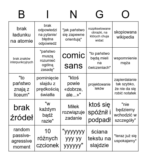 Kozik Bingo Card