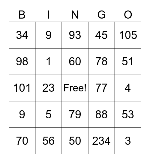 NUMBERS Bingo Card