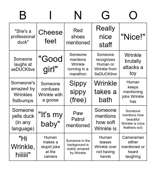 Wrinkle and Human Name Bingo Card