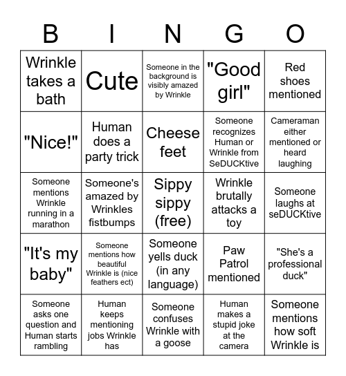 Wrinkle and Human Name Bingo Card
