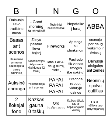 Eurovizija 2023 Bingo Card