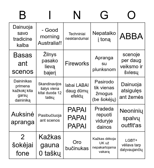 Eurovizija 2023 Bingo Card
