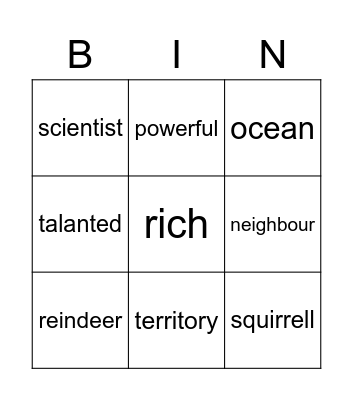 Word Bingo Card