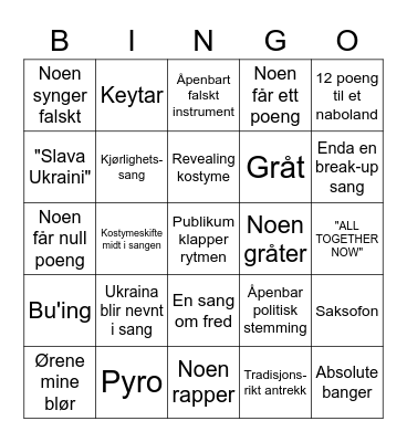 Eurovision 2023 Bingo Card