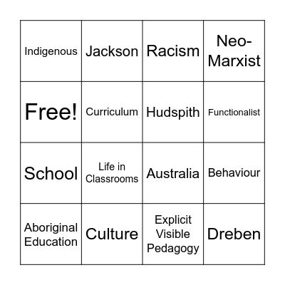 Hidden Curriculum Bingo Card