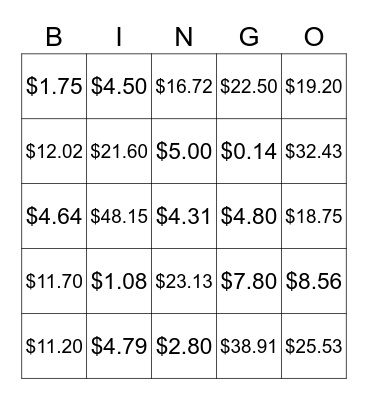 Percent - Tip, Tax, Discount, Markup Bingo Card