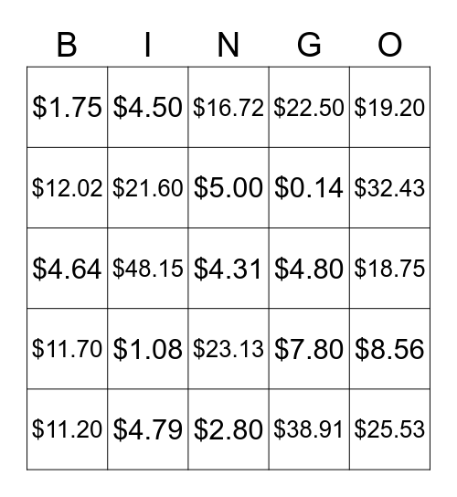 Percent - Tip, Tax, Discount, Markup Bingo Card