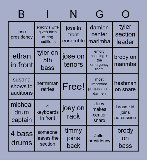 Percussion Bingo Card