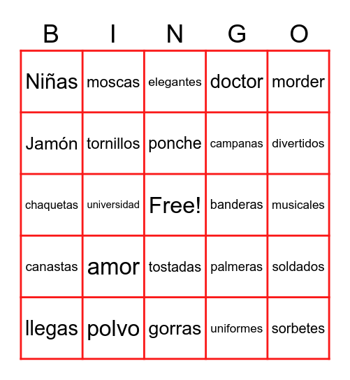 Vocabulario "La banda musical" Bingo Card