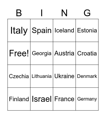 Eurovision Bingo Card