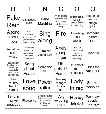 Eurovision 2023 Bingo Card