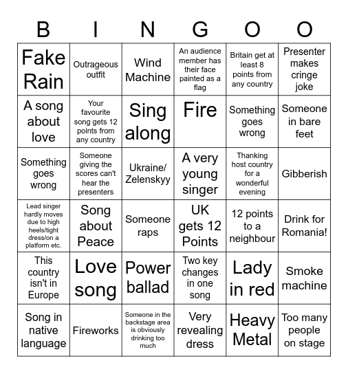 Eurovision 2023 Bingo Card