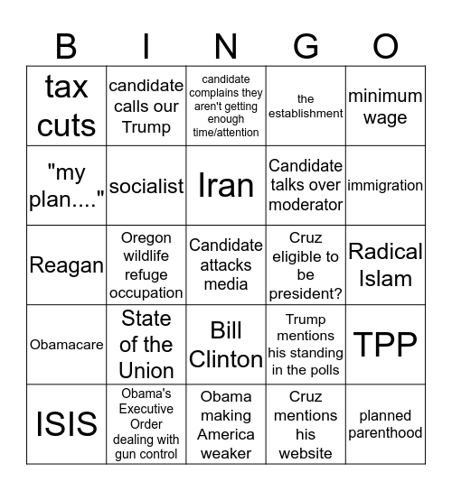 GOP Debate 1/14/16 Bingo Card