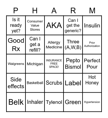 Pharmacy Bingo Card