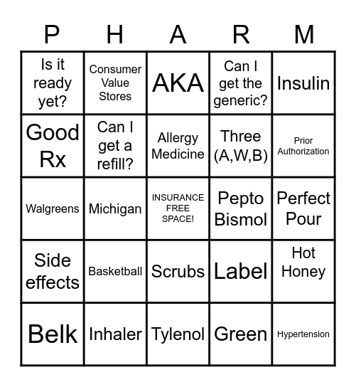 Pharmacy Bingo Card