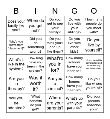 Foster Kid Questionnaire Bingo Card