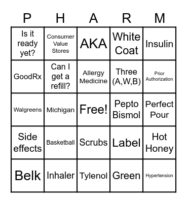 Pharmacy Bingo Card