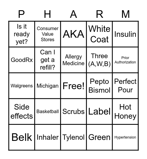 Pharmacy Bingo Card