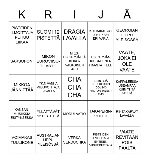 Euroviisujen finali 2023 Bingo Card