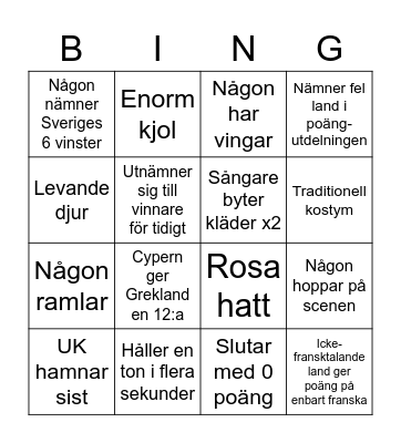 Eurovision Bingo Card