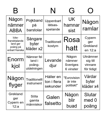 Eurovision Bingo Card