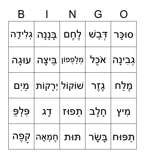 6th Grade Hebrew- Foods Bingo Card