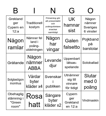 Eurovision Bingo Card