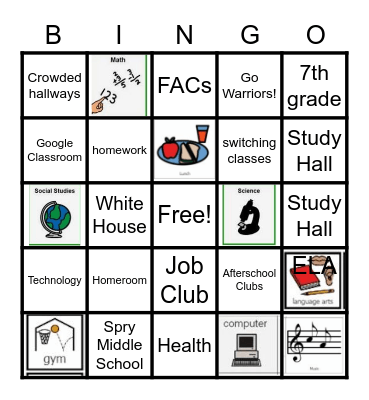 Spry Middle School Bingo Card