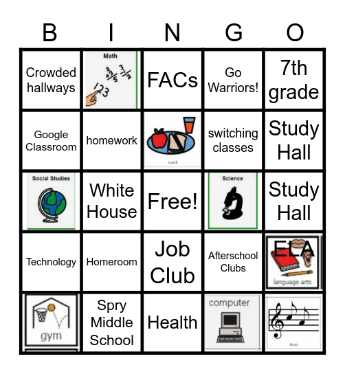 Spry Middle School Bingo Card
