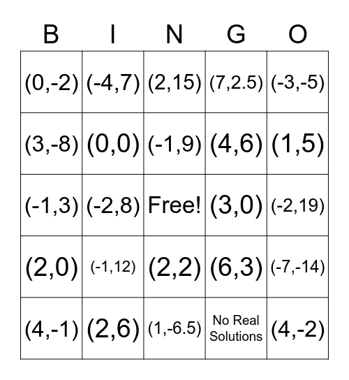 Solving Systems of Linear and Quadratic Equations Bingo Card