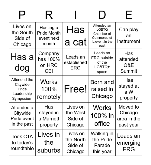 Citywide Pride Quarterly Roundtable Bingo Card