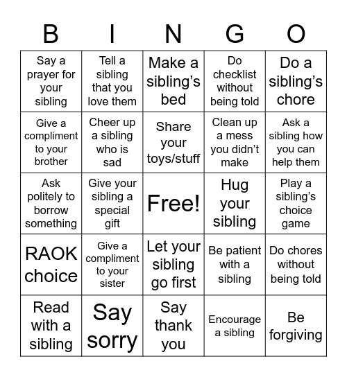Sibling Challenge Bingo Card