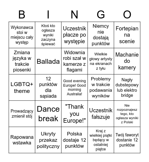 EUROWIZJA 2023 Bingo Card