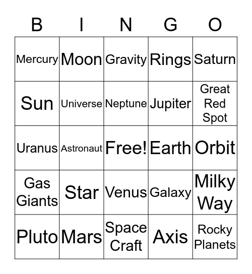 Solar System Bingo Card