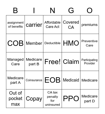 Health Insurance (CA) Bingo Card