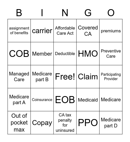 Health Insurance (CA) Bingo Card