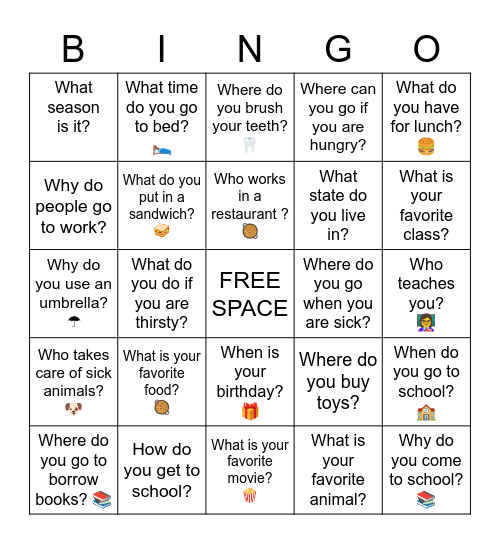 Wh- Question Bingo Card