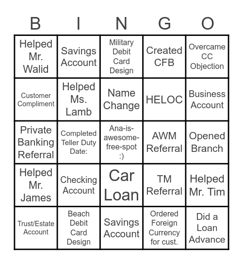 Banking Bingo Card