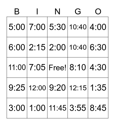 Digital Time BINGO Card