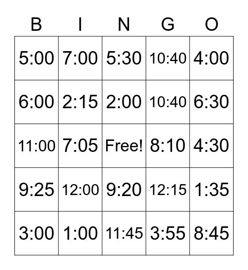 Digital Time BINGO Card