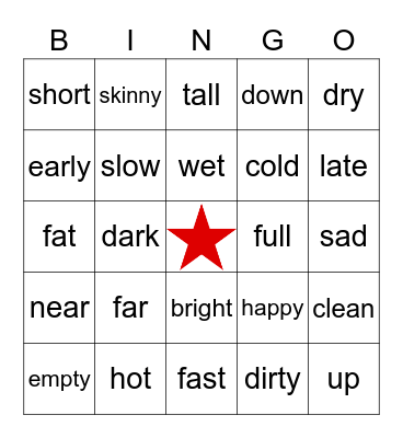 Opposites Bingo Card