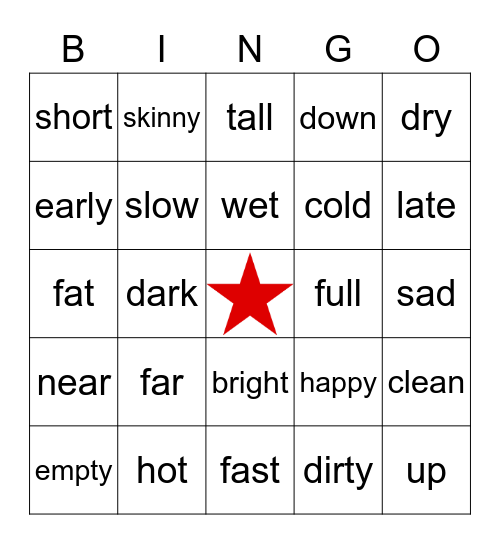 Opposites Bingo Card