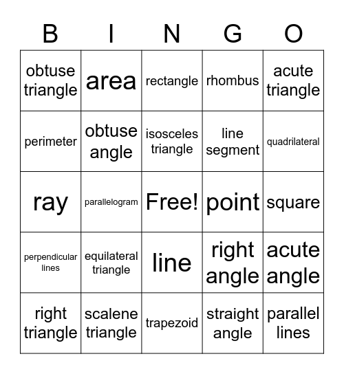 Geometry Bingo Card