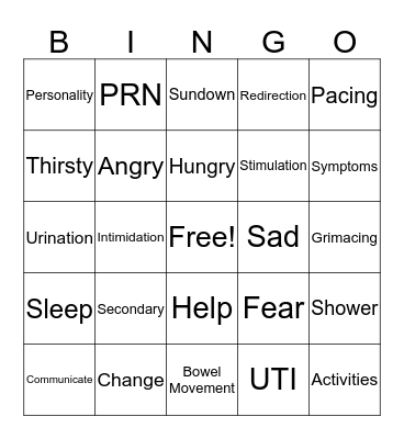 Aggression and Dementia Bingo Card