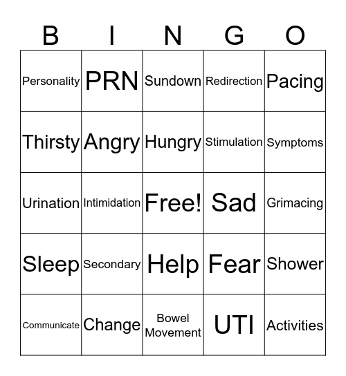 Aggression and Dementia Bingo Card